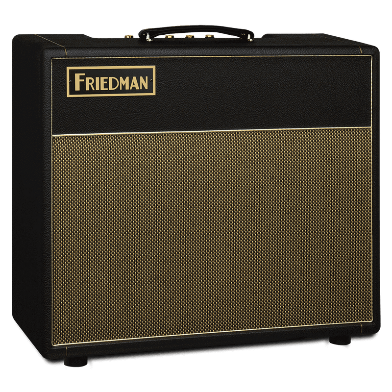 A handcrafted black and gold Friedman Pink Taco V2 Combo Amp designed with a touch of elegance.