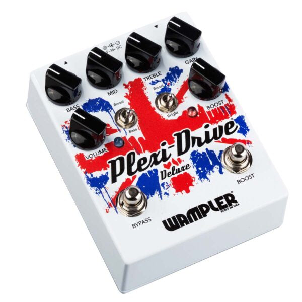 A white Wampler Plexi Drive Deluxe British Distortion pedal with a british flag on it for rock tones.