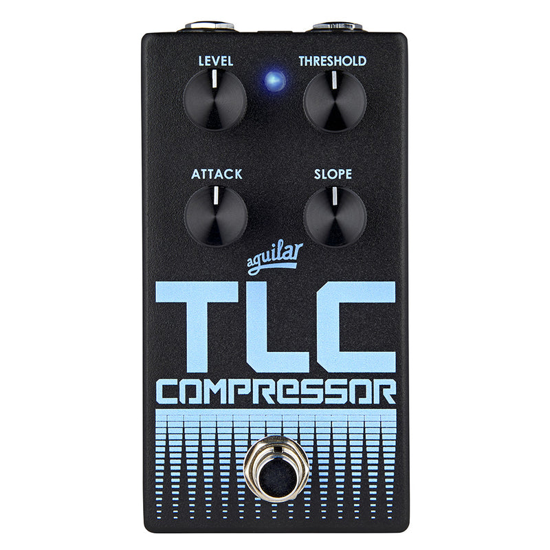 The Aguilar TLC Compressor V2, a dynamic control musical tool, is showcased against a white background.