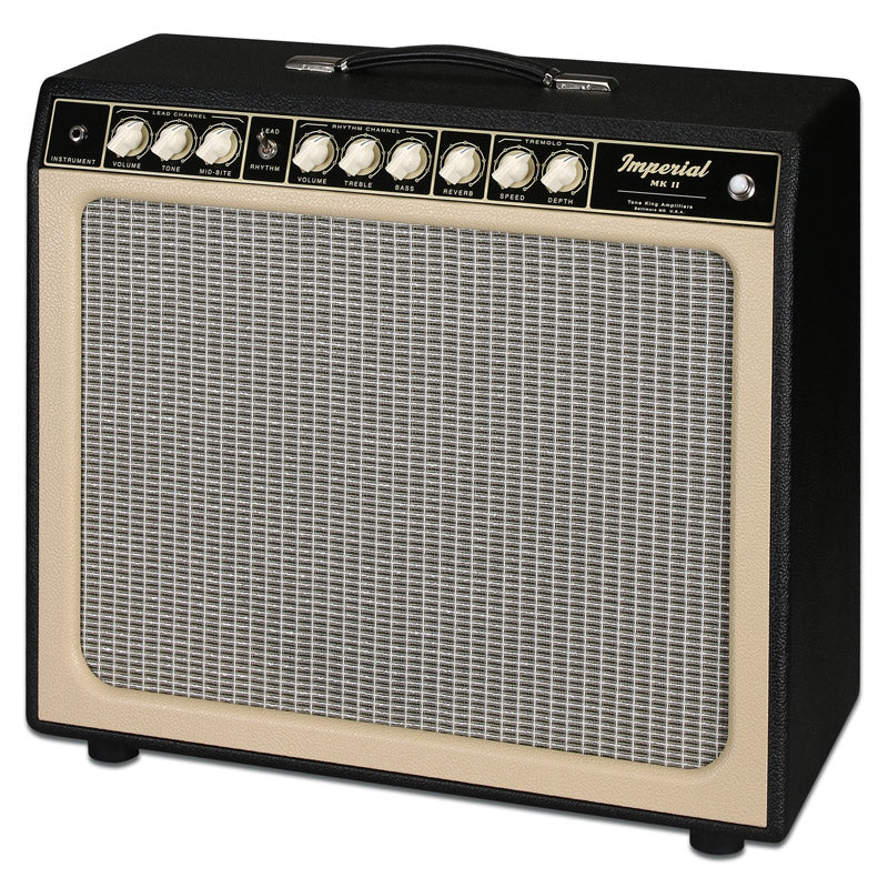 A black and tan Tone King Imperial MKII Combo 1x12 20 Watt Black guitar amplifier with rich tube tones.