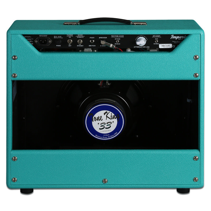 The Tone King Imperial MKII Combo 1x12 20 Watt Turquoise is a blue and white guitar amplifier that delivers exceptional tube tones.