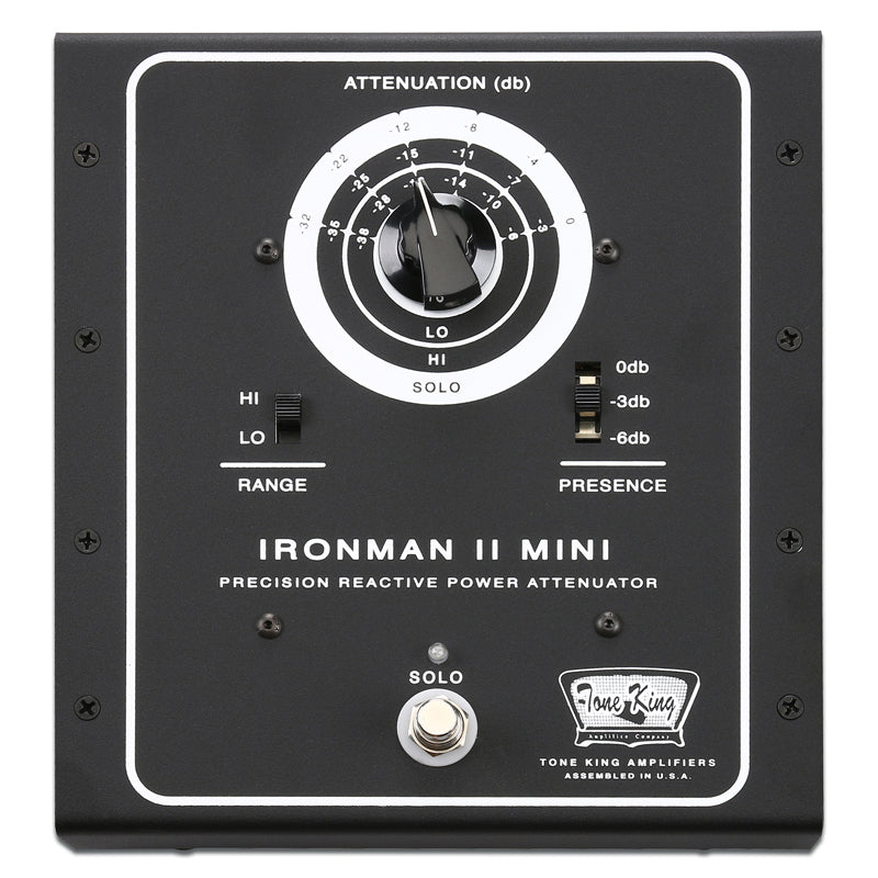 The Tone King Ironman II Mini Amp Attenuator, a 30-watt attenuator, is shown in black and white.