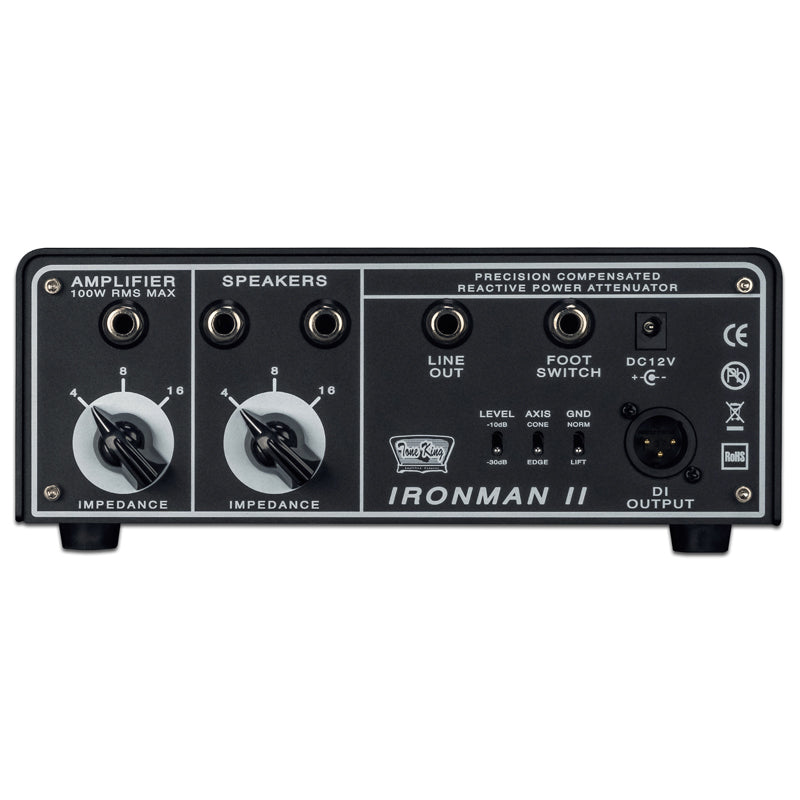 The Tone King Ironman II Amp Attenuator, featuring transformer-coupled power division circuitry and reactive load technology, is showcased on a white background.