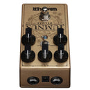 The Wampler Tumnus Deluxe Overdrive Boost, a gold pedal with four knobs on it, offers true bypass performance and tonal flexibility.