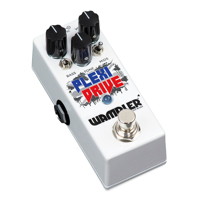 A Wampler Mini Plexi Drive Distortion Overdrive pedal with a blue and white logo on it.