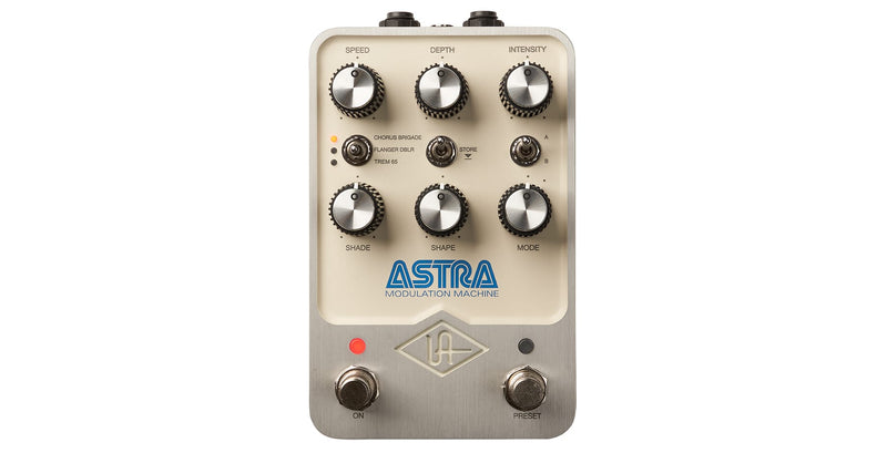 The Universal Audio Astra Modulation Pedal is a white pedal with four knobs that offers analog modulation and studio flanger/doubler effects.