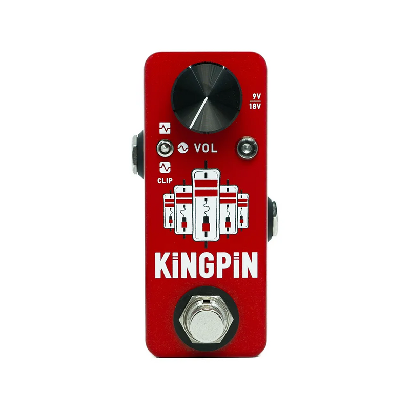 The CopperSound Kingpin Germanium Overdrive Clipper is a red pedal with a white logo on it. It is an important clean boost pedal featuring an audiophile-grade Burr Brown Op Amp and a Mid-enhance toggle.