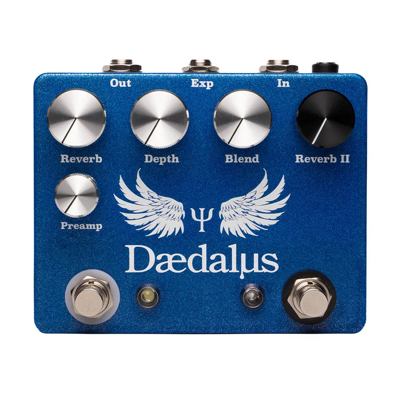 The CopperSound Daedalus Dual Reverb is a blue optical compressor guitar effect pedal.