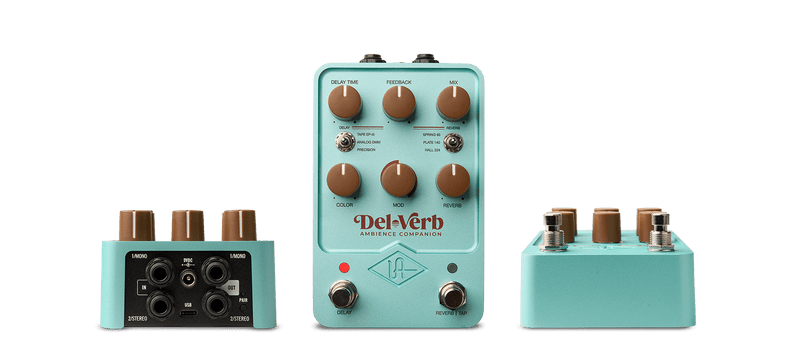 A Universal Audio Del-Verb Ambience Companion Reverb Delay pedal, featuring tube-driven tremolo effects and studio flanger/doubler. This blue pedal is equipped with four buttons and a knob.