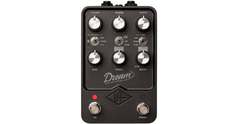 A black Universal Audio Dream '65 Reverb Amplifier pedal with buttons and knobs for delay effects.