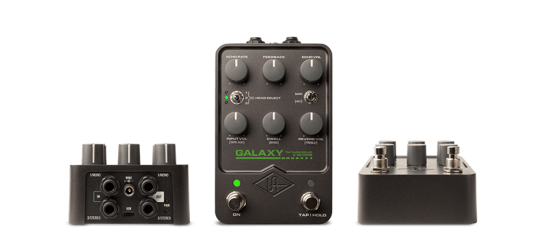 A Universal Audio Galaxy '74 Tape Echo & Reverb guitar pedal with a number of knobs on it, perfect for adding a rich spring reverb to your sound. SEO keywords: spring reverb.