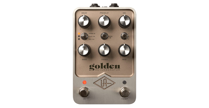 A small device with four buttons on it, featuring Universal Audio Golden Reverb dual‑engine processing.