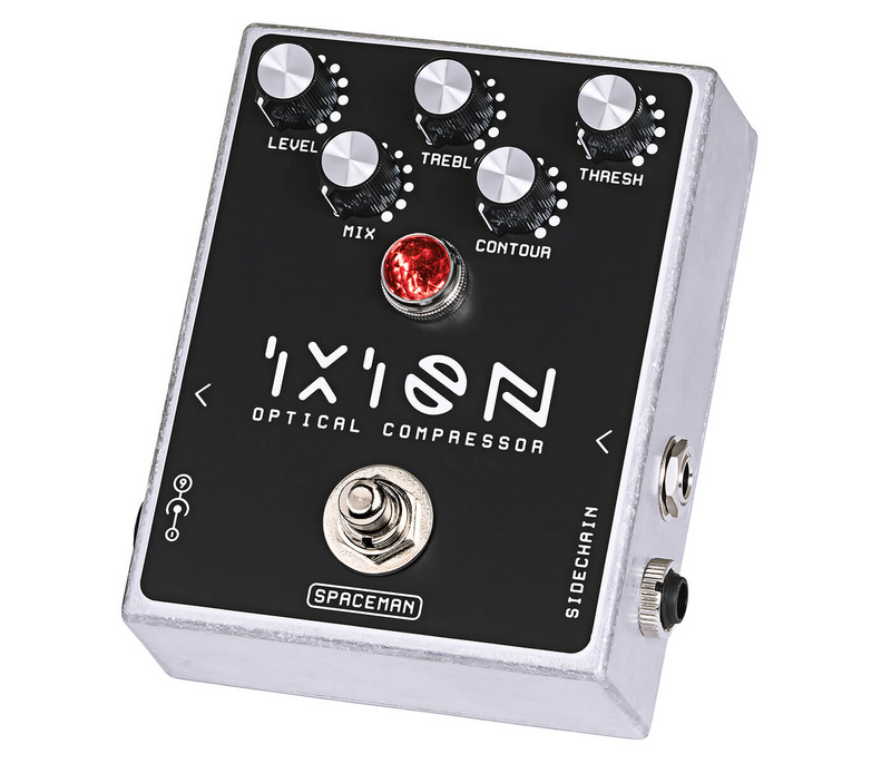 A vintage black and silver Spaceman Ixion Optical Compressor with knobs and dials, providing analog chorus effects.