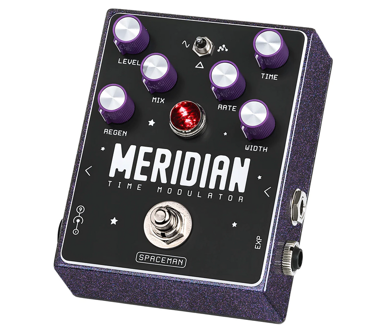 The Spaceman Meridian Time Modulator Purple Sparkle is a vintage purple pedal with analog chorus and liquid chorus tones.