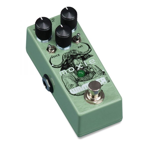 A compact vintage green Wampler Moxie Overdrive guitar pedal with a 'screamer style' analog circuit and two knobs, exuding moxie.
