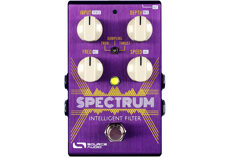 The Source Audio Spectrum Intelligent Filter Pedal is a purple stereo filter effect pedal with three knobs on it.