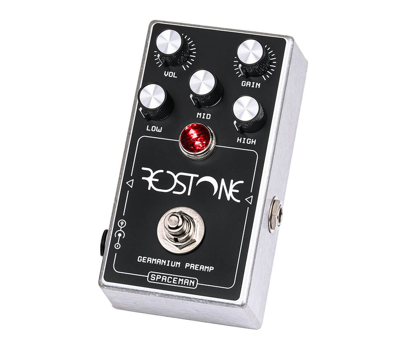 A Spaceman Redstone Silver Preamp Overdrive Guitar or Bass equipped with a tone stack and preamp.
