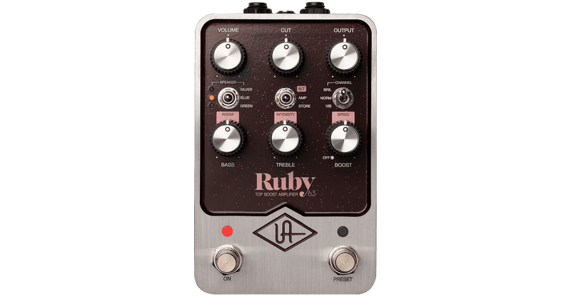 The Universal Audio Ruby '63 Top Boost Amplifier pedal is the perfect solution for authentic speaker modeling. With its black and silver design, this studio-quality effects pedal takes your guitar sound to the next level.