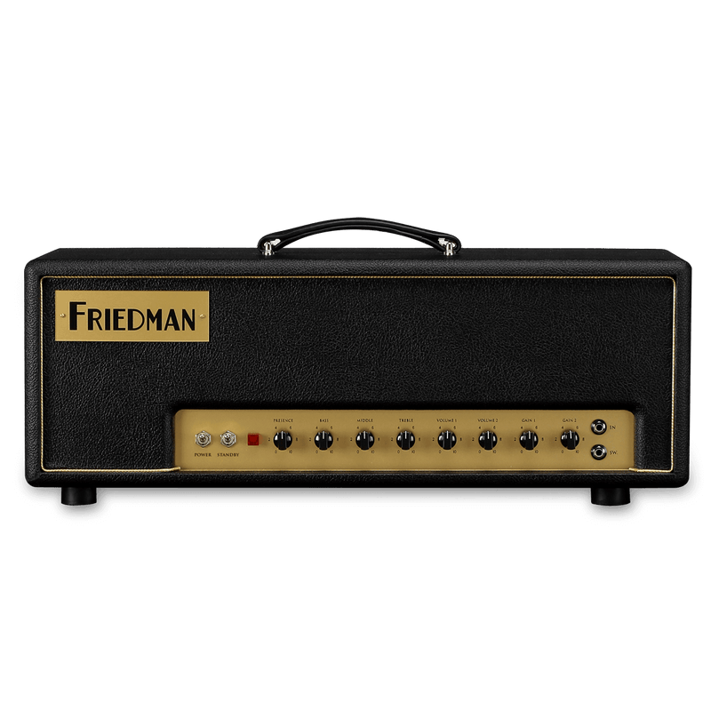 A black and gold Friedman Small Box Amp Head, delivering high gain tone with distinct plexi tones.