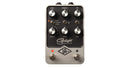 A black and silver Universal Audio Starlight Delay Pedal with a knob on it, featuring UAD modeling expertise.