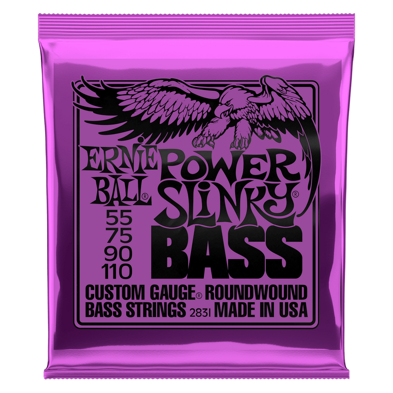 Ernie Ball 2831 Power Slinky Nickel Wound Electric Bass Strings 55-110 Gauge combine bright tones with the durability of Nickel Wound Electric Bass Strings. These strings are crafted by Ernie Ball.