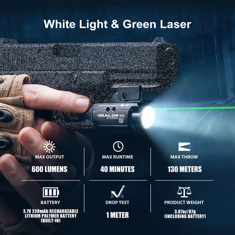 Olight Baldr Mini Tactical Light 600 Lumens & Green Laser Combo