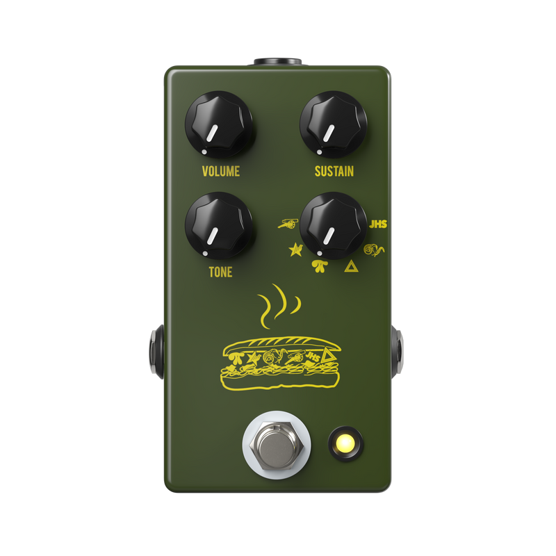 A green guitar pedal with two knobs on it, featuring classic Big Muffs and the JHS Muffuletta Distortion Fuzz pedal by JHS.