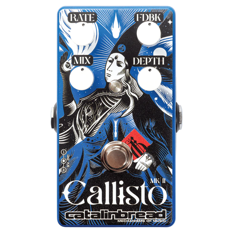 A brand new Catalinbread Callisto MKII Analog Chorus pedal, featuring a captivating image of a woman on its blue body.