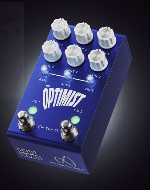 A Jackson Audio The Optimist Overdrive blue guitar pedal with buttons on it.