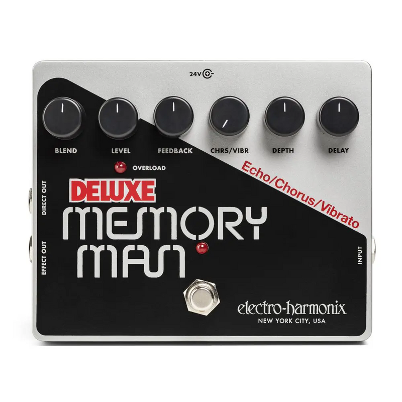 The Electro-Harmonix Deluxe Memory Man Analog Delay Chorus Vibrato is an electric harmonica that features analog delay and echo with chorus/vibrato effects.