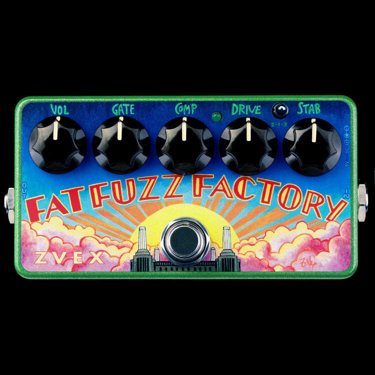 The ZVEX Effects Vexter Fat Fuzz Factory pedal is showcased on a black background.