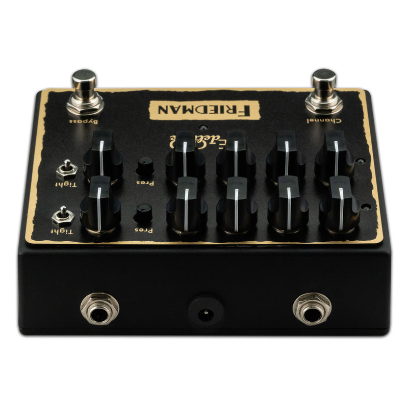 A black and gold Friedman BE-OD Deluxe Overdrive pedal with four knobs.
