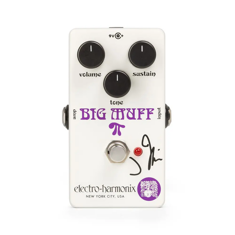 The Electro-Harmonix J Mascis Ram's Head Big Muff Pi, a big tuff fuzz pedal with a signature on it.