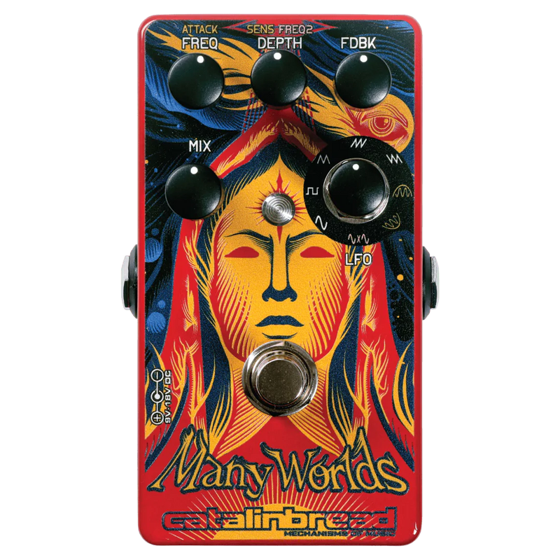 A Catalinbread Many Worlds 8 Stage Phaser BRAND NEW, with a woman's face on it, capable of producing unique phaser sounds and otherworldly tones.