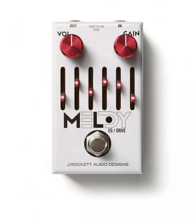 J. Rockett Audio Designs Melody Overdrive is a white graphic EQ pedal with red knobs.
