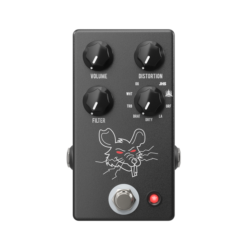 A black JHS distortion pedal with an image of a rat on it, aka the JHS PackRat.