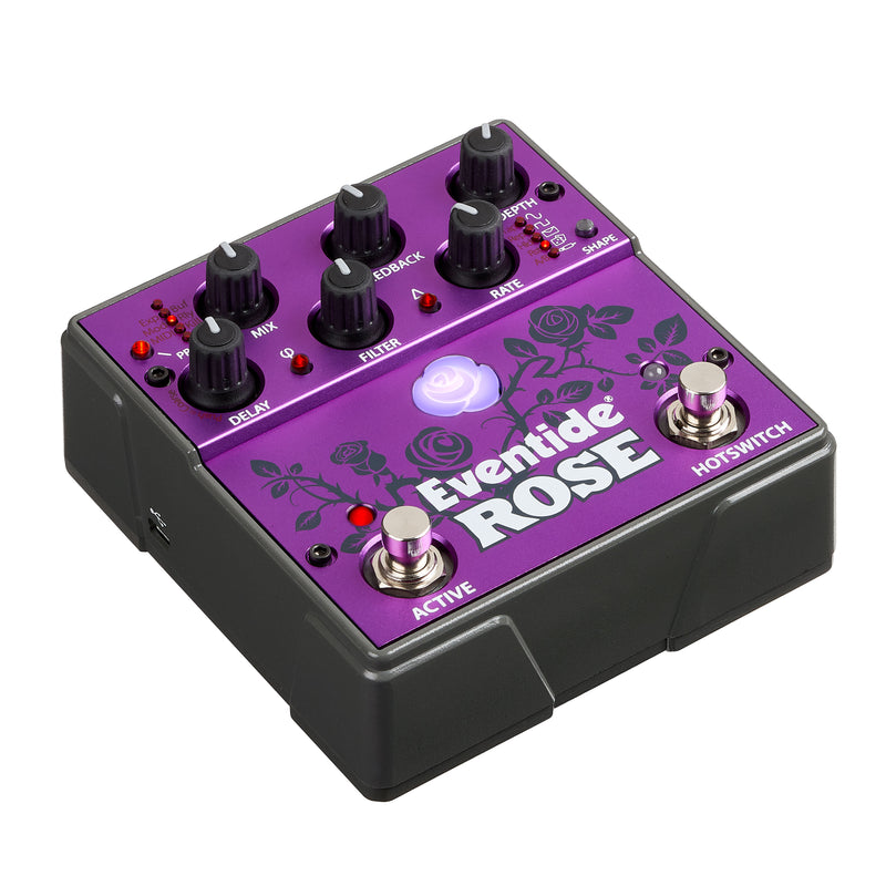 An Eventide Rose Modulated Delay pedal in purple, featuring an Eventide black knob.
