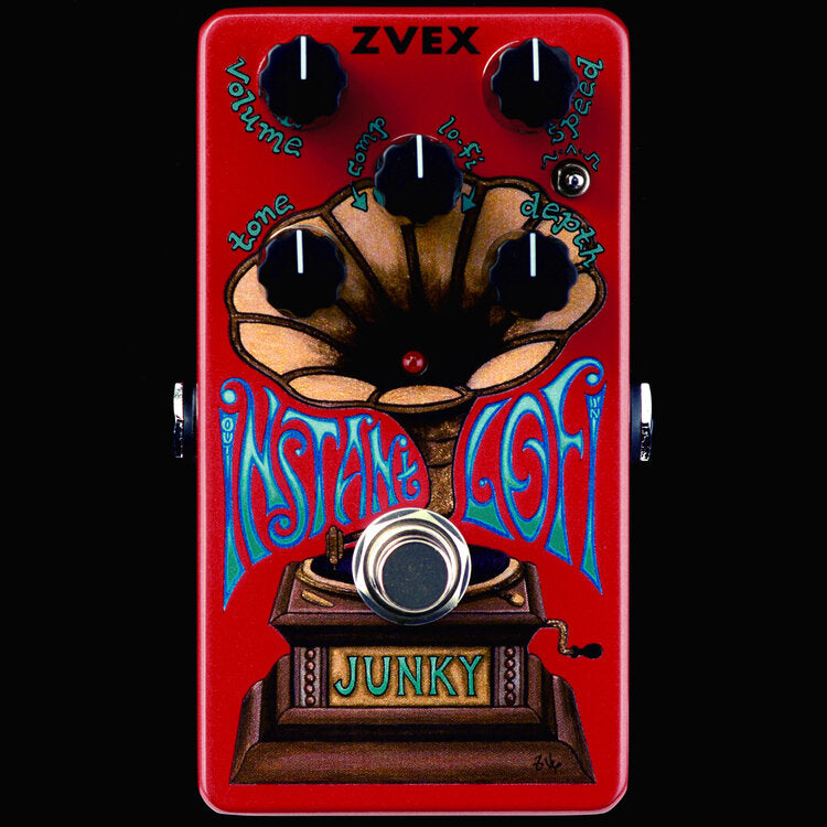 A ZVEX Effects Vertical Instant Lo-Fi Junky pedal with an image of a gramophone.