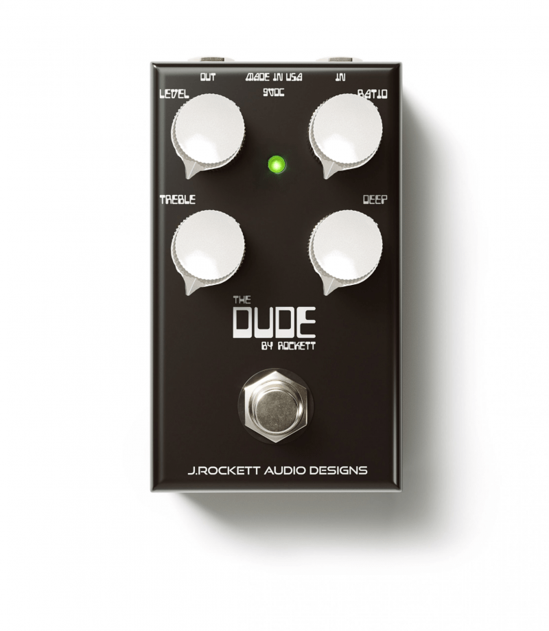 A black and white J. Rockett Audio Designs The Dude V2 Overdrive guitar pedal featuring true bypass switching with four knobs, including DUDE and D style ODS sounds.