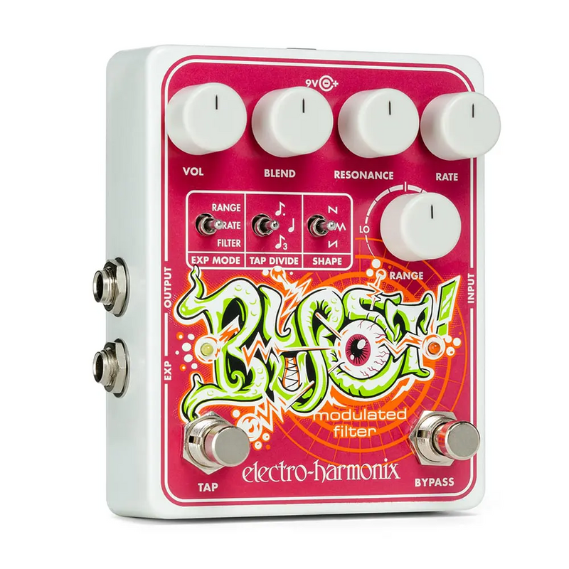 A pink and white Electro-Harmonix Blurst Modulated Filter designed for guitarists.