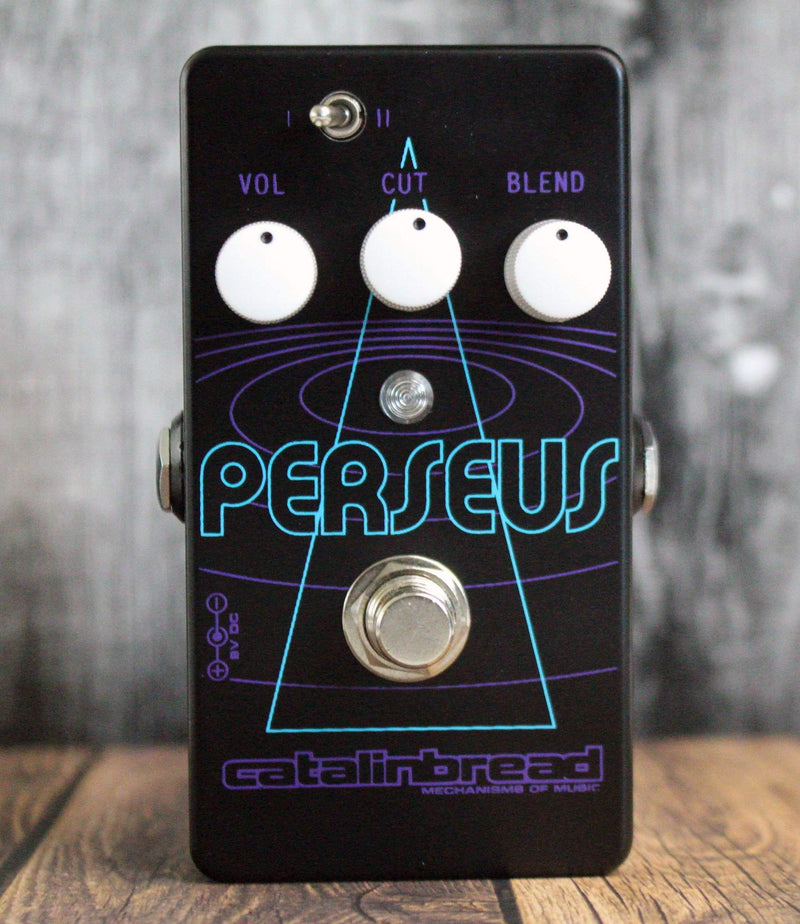 A black Catalinbread Perseus Sub-Octave Fuzz pedal that provides analog octave-down and sub-octave effects.