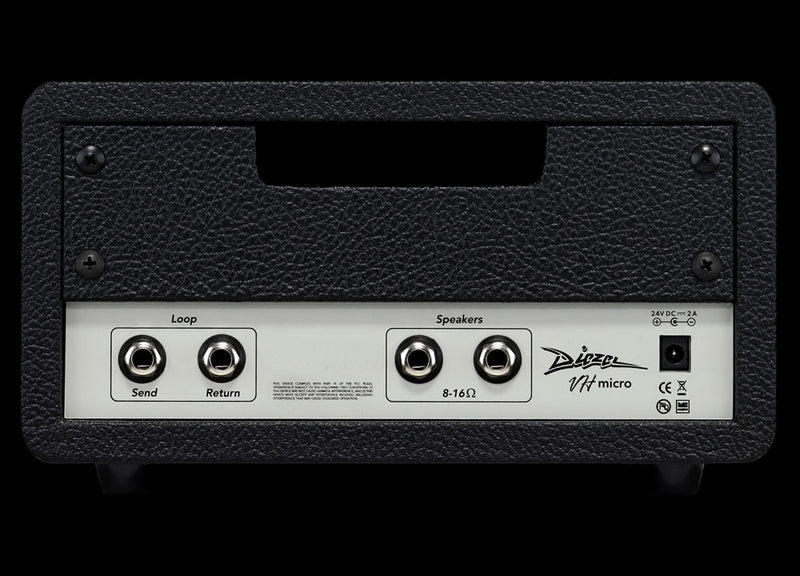 A black Diezel VH Micro Mini Guitar Amp Head with a white logo on it, perfect for high-gain metal tones.