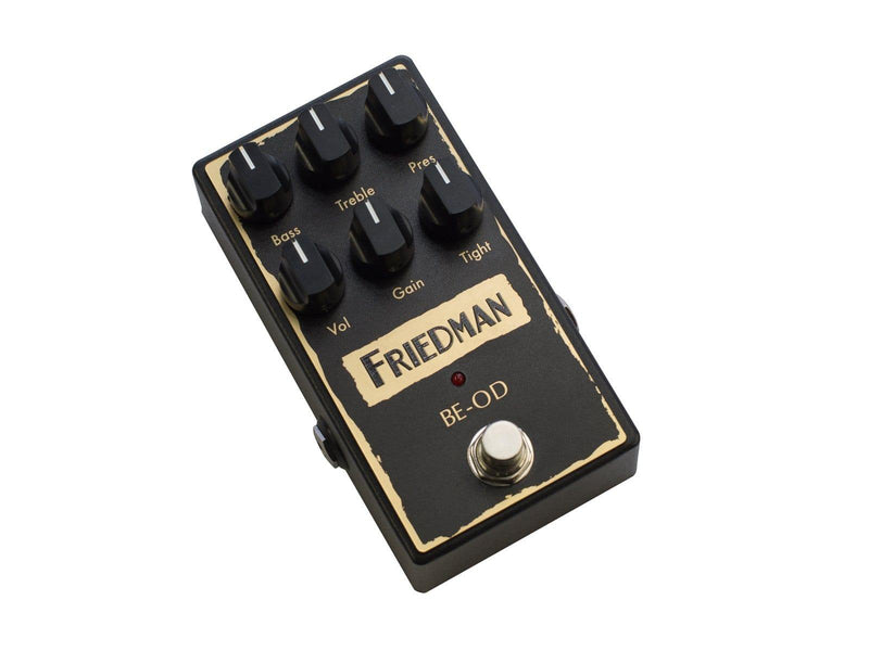 A black and gold Friedman BE-OD Distortion Pedal based on BE Amplifier, featuring a tube-amplifier sound, displayed on a white background.