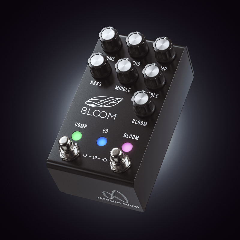 The Jackson Audio Bloom V2 Midi Compressor Boost EQ Sustain pedal, featuring dynamic tonal control, is showcased against a black background.