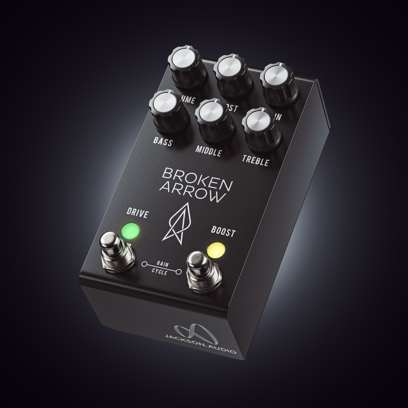 The Jackson Audio Broken Arrow Overdrive enhances the gain adjustment and boost circuit while producing a unique sound with broken acoustics.