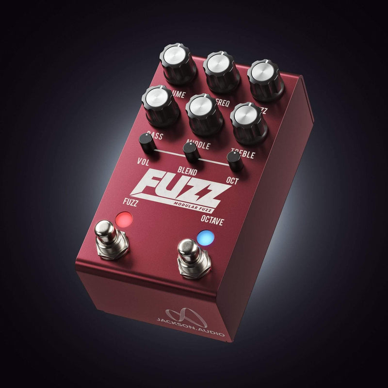 A Jackson Audio Modular Fuzz pedal on a black background, perfect for rock enthusiasts.