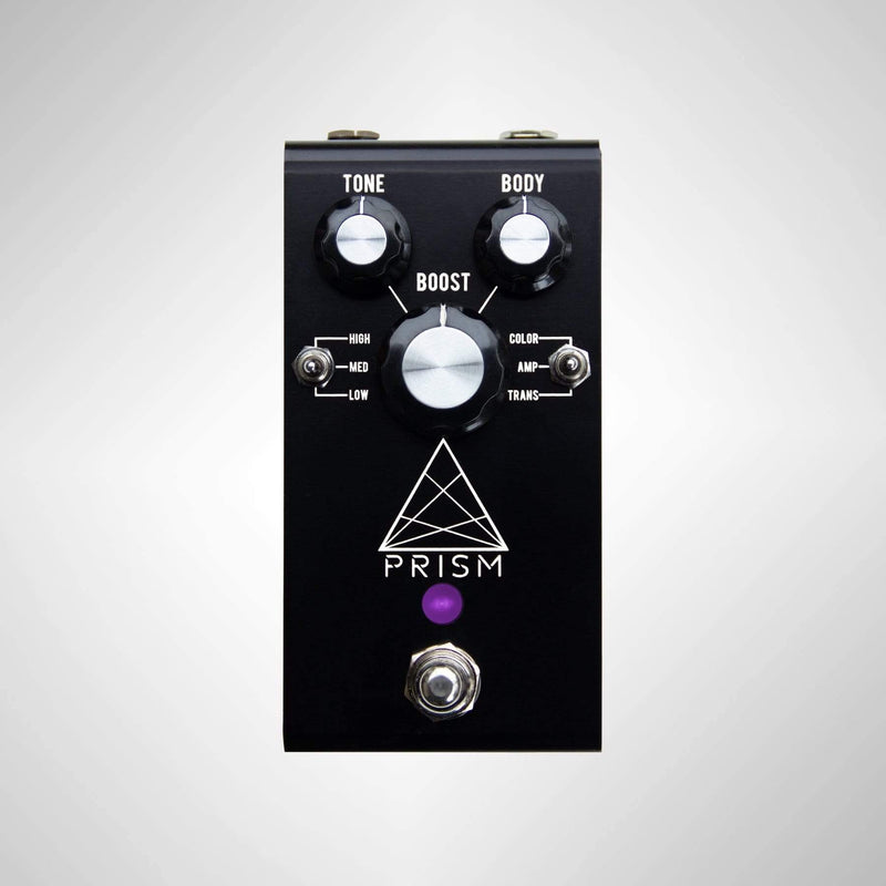 A black Jackson Audio Prism Black Buffer Boost Overdrive Preamp EQ with a purple knob on it, ideal for tone shaping. It is a valuable tool to enhance the PRISM of your pedalboard.