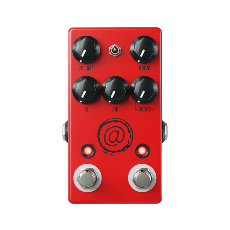 The JHS AT+ Andy Timmons Signature Overdrive pedal, known as the AT, is a red guitar pedal with four knobs.
