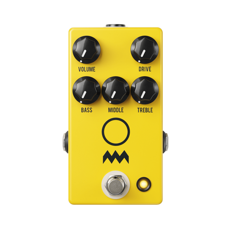 A yellow JHS Charlie Brown V4 Overdrive Pedal with four knobs on it.