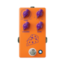 A 1990's JHS orange and purple distortion fuzz pedal with cheese on it, created by the well-known JHS pedal company.